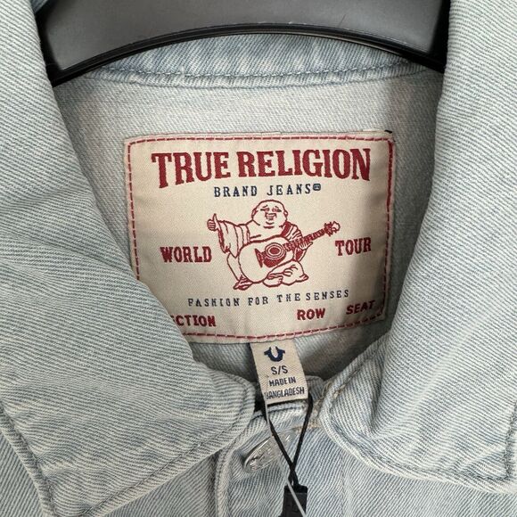 True Religion Jesse Trucker Light Blossom Wash Denim Jean Jacket S NEW Logo Flap - Picture 7 of 8